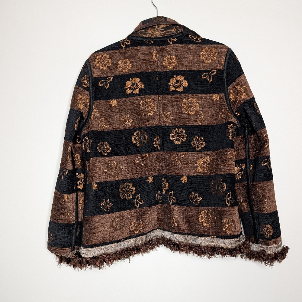Women's Vintage Boho Brown Fringed Blazer Floral Stripe Espresso Brown Black M - Picture 4 of 10